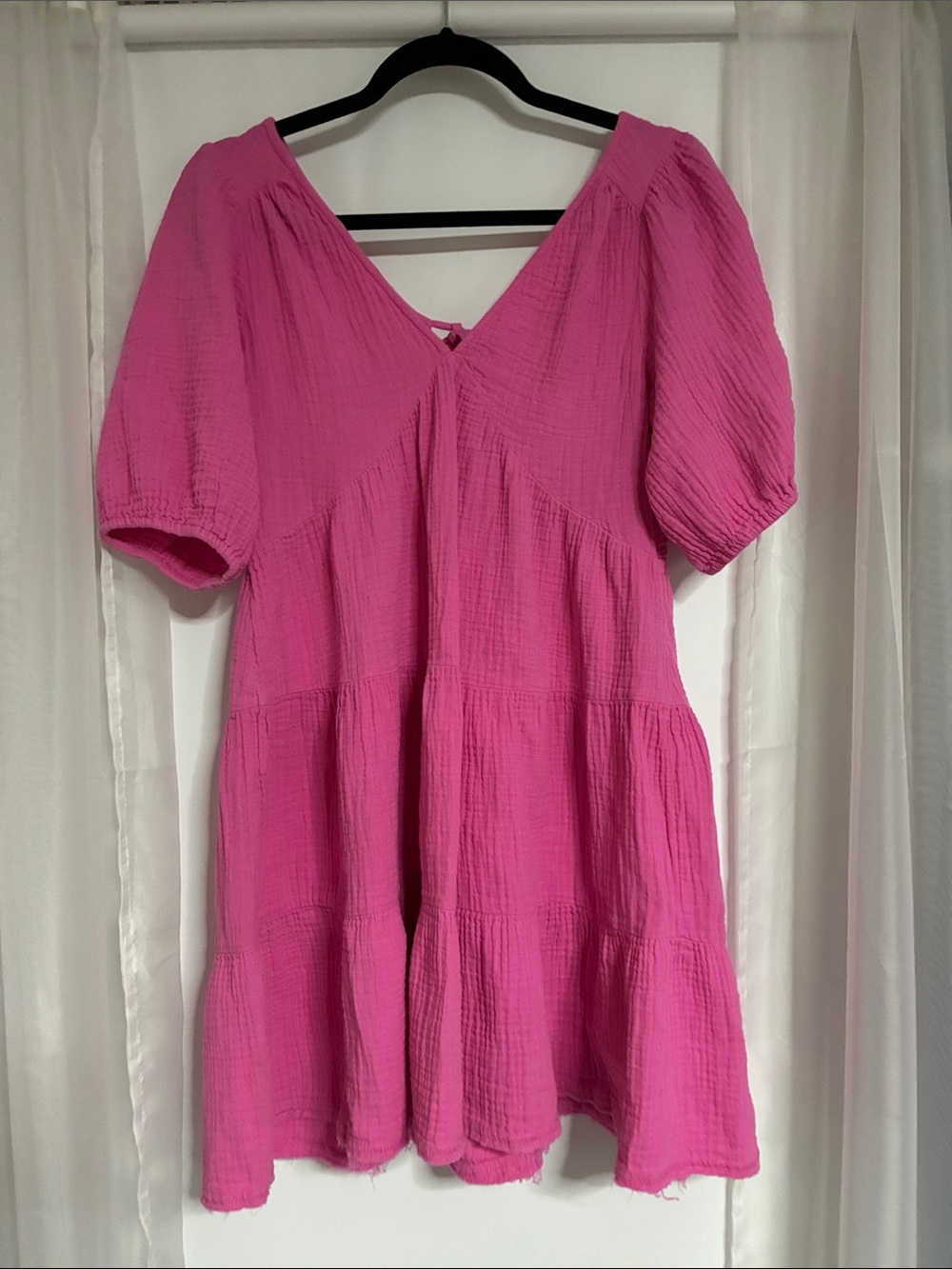 Aerie Dress Womens M Pink Cotton Gauze Trapeze Swing Puff Sleeve Mini Sundress